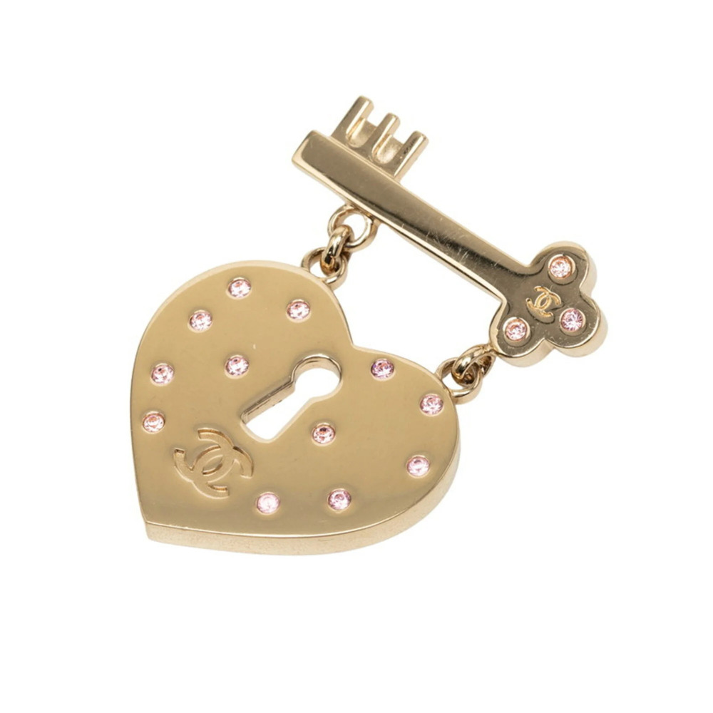 Chanel Coco Mark Padlock Key Motif Brooch Gold Pink Plated Rhinestone Women's...